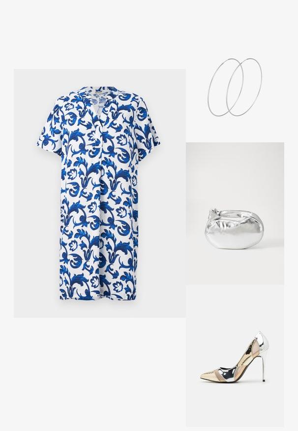 Kratke rokave, obleka do kolen z V-izrezom, s sinim cvetličnim vzorcem na belem ozadju, narejena iz lahkotnega materiala.; Čevlji z visoko peto in konico, v barvni kombinaciji srebrne, zlate in nude. Sijajna obdelava z izrezljanim dizajnom, z igličasto peto.; Srebrna kovinska torbica z mehko, zaobljeno obliko in zavezano zgornjo zaporo. Narejena iz gladkega umetnega usnja.; Srebrne uhane v obliki obroča z minimalističnim dizajnom. Krožna oblika, gladka tekstura in tanek profil. Lahki s poliranim zaključkom.