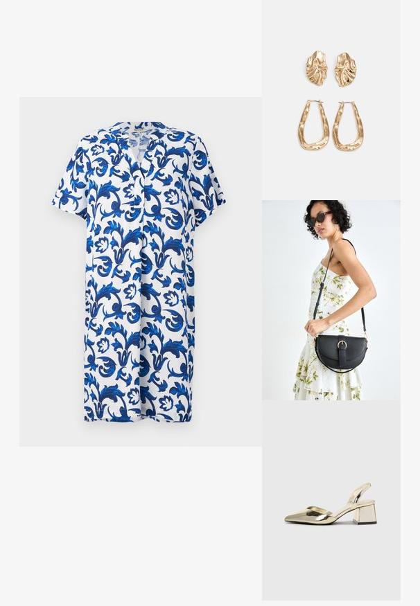 Kratší šaty s krátkým rukávem a délkou po kolena s výstřihem do V, zdobené modrým květinovým vzorem na bílém pozadí, vyrobené z lehkého materiálu.; Kovové zlaté pantofle na podpatku s špičatou špičkou a masivním podpatkem. Hladký povrch, minimalisticý design a úzký pásek.; Černá kožená kabelka s křivkovým tvarem, odnímatelným popruhem a zlatými detaily. Kabelka má klopu s přezkou.; Náušnice ve zlatém tónu s texturovanými, vlnitými tvary. Obsahují sochařské klipy a design otevřeného kruhu s kladivkovým povrchem.
