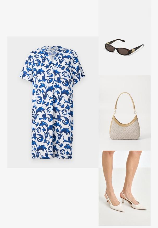 Krótkorelaksowa sukienka do kolan z dekoltem w kształcie litery V, ozdobiona niebieskim wzorem kwiatowym na białym tle, wykonana z lekkiego materiału.; Beżowe lakierowane szpilki z odkrytą piętą, zakończone spiczastym noskiem i 5 cm obcasem, z wyciętymi bokami oraz cienkim paskiem na kostce.; Słoneczne okulary w kolorze żółwi z wydłużonymi owalnymi soczewkami, brązowym odcieniem, złotymi akcentami logo na zausznikach oraz smukłymi czarnymi ramionami.; Beżowa torebka w wzory o zakrzywionym kształcie, z skórzanymi akcentami i złotym logo z przodu. Posiada krótki uchwyt, co ułatwia noszenie.