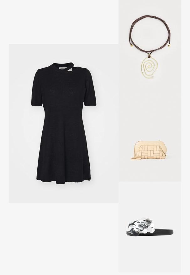 Trumpas, juodas suknelė pagaminta iš lengvos medžiagos. Suknelė turi apvalų kaklą ir platėjantį apatinį kraštą, su unikalia išpjova kaklo vietoje.; Juodos šlepetės su tekstūruota saka, papuoštos blizgučių klasteriu su apvaliais atspindinčiais sidabro ir pilkų atspalvių blizgučiais.; Austintais bežinis rankinukas su struktūrizuotu dizainu, turintis lygią viršutinę dalį ir ilgas diržas. Tekstūruoti elementai pagerina bendrą išvaizdą.; Aukso spiralinis pakabukas su baltu perlu ant rudos odos virvelės. Pakabukas pasižymi sklandžiomis, tekančiomis linijomis ir metaliniais akcentais.