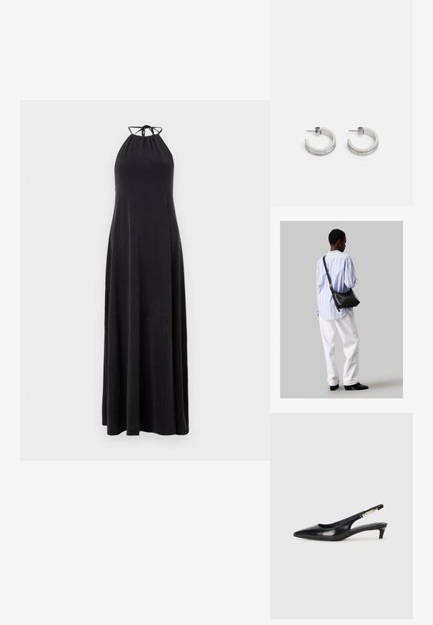Svart halterneck maxikjole med en samlet liv og flytende skjørt, laget av glatt stoff. Har en knyting i nakken.; Sorte lærreim hæler med spiss tå, som har en slank hæl og en gullfarget detalj på den justerbare stroppen. Glatt tekstur.; Svart lær skulderveske med en myk tekstur, trekantet form og justerbar stropp, kombinert med en lyseblå stripete skjorte og hvite bukser.; Sølv hoop øredobber med en glatt overflate og en rad med små klare steiner langs bunnen, med en post-back lukking.