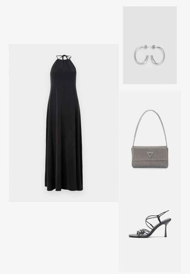 Mustat halterneck-maksimekko, jossa on ry gathered bodice ja virtaava hame, valmistettu sileästä kankaasta. Mukana on solmittava kiinnitys kaulassa.; Mustat korkokengät sandaalit, joissa on ohuet hihnat solmittuna, sileä neliön muotoinen varvasosa ja tyylikäs stiletto-korko.; Vaalea harmaa metallinen käsilaukku, jossa on ketjusanka. Laukku on koristeltu pienillä pyöreillä metallikoruilla ja kolmion muotoisella brändilogolla.; Hopehopeet hopehopeet hopehopeet hopehopeet, jolla on sileä, kiiltävä pinta. Pyöreä muoto, kevyt rakenne, jossa on neulakiinnitys.