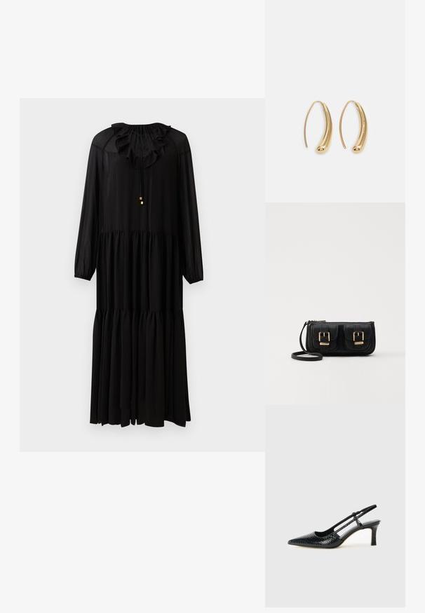 Črna obleka z dolgimi rokavi in volanastim ovratnikom, elastičnim pasom in večplastno krilo. Narejena iz lahkega materiala. Preprosti zlatih dodatkov.; Črne lakaste slingback pete s koničastim nosom, ki imajo teksturiran vzorec kačje kože, nastavljiv trak in kratek teksturiran blok peto.; Črna usnjena torbica čez ramo z dvema sprednjima žepoma, zlatimi zaponkami, zadrgo in ozkim pasom. Tekstura površine je strukturirana, obliko pa ima kompaktno pravokotno.; Zlato-tonirani kovinski uhani v obliki obroča s krivuljo in podolgovato obliko. Imajo gladko, sijočo površino in zaobljen vrh za dodaten detajl.