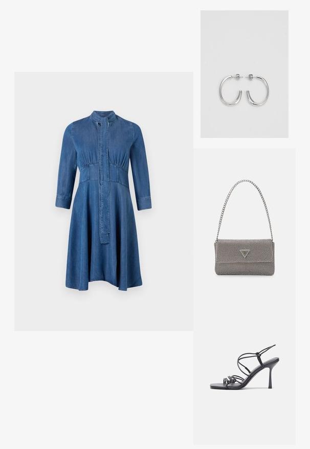 Denim-mekko, jossa on tiukka pääntie, pitkät hihat, pystykaulus ja levenevä hame; sisältää napitussuoran edessä ja rypytys yksityiskohtia.; Mustat korkokengät sandaalit, joissa on ohuet hihnat solmittuna, sileä neliön muotoinen varvasosa ja tyylikäs stiletto-korko.; Vaalea harmaa metallinen käsilaukku, jossa on ketjusanka. Laukku on koristeltu pienillä pyöreillä metallikoruilla ja kolmion muotoisella brändilogolla.; Hopehopeet hopehopeet hopehopeet hopehopeet, jolla on sileä, kiiltävä pinta. Pyöreä muoto, kevyt rakenne, jossa on neulakiinnitys.