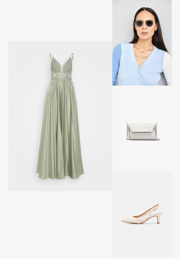 Mascara Proginė apranga - khaki; Balti slingback kulniukai su smailiu pirštu, lygia viršutine medžiaga, žemu blokuotu kulnu ir šoniniu išpjovimu su reguliuojamu sagtimi.; Apskriti saulės akiniai su tamsiais objektyvais ir auksiniais rėmeliais. Modelis vilki šviesiai mėlyną, raukinį kardiganą su mygtukais ir kontrastingomis baltomis rankovėmis.; Balta voko dėklas, pagamintas iš lygios odos, su sidabrine grandinėlės dirželiu ir metaliniu akcentu priekyje. Minimalistinis dizainas ir trikampio forma.