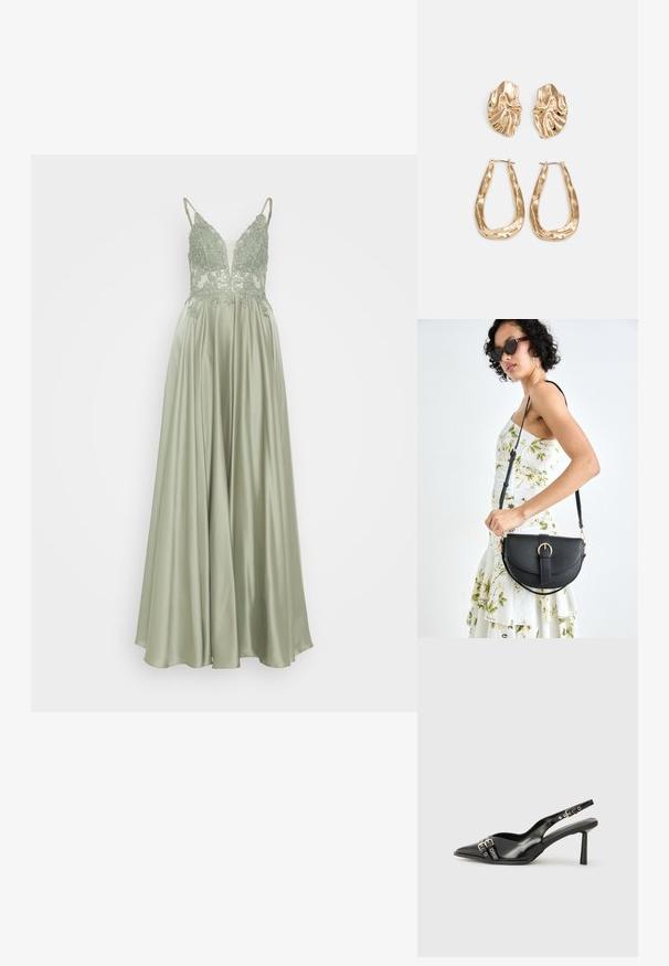 Mascara Alkalmi viselet - khaki; Fekete lakk bőr, hegyes orrú slingback cipő, boka pántokkal, ezüst csatokkal és hardverelemekkel, valamint karcsú sarkú.; Fekete bőrtáska ívelt formával, levehető pánttal és arany színű fémrészekkel. A táskán egy csattal díszített fedél található.; Aranyszínű fülbevalók, texturált, hullámos formákkal. Tartalmazza a szobrászati klipszes studokat és az open hoop kialakítást, kalapácsos felülettel.