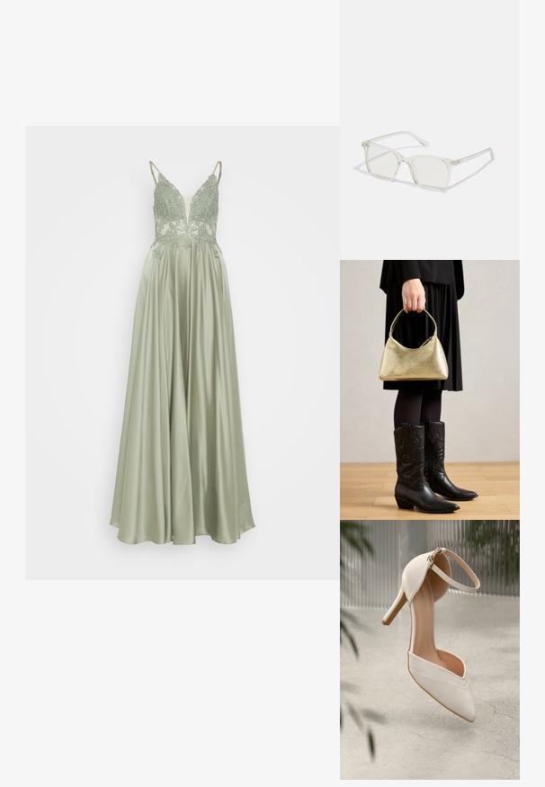 Mascara Společenské šaty - khaki; Bílé lodičky na vysokém podpatku z hladkého materiálu s špičatou špičkou a popruhem kolem kotníku. Vyznačují se světle hnědým interiérem a akcenty zlatého barevného kovu.; Průhledné plastové brýle čtvercového rámečku s průsvitnými čočkami, které mají zlaté akcenty na spáncích pro zvýraznění detailů.; Zlatá texturovaná kabelka s zakřiveným tvarem a krátkým držadlem, držená osobou, která má na sobě černou skládací sukni a černé kožené kovbojské boty.