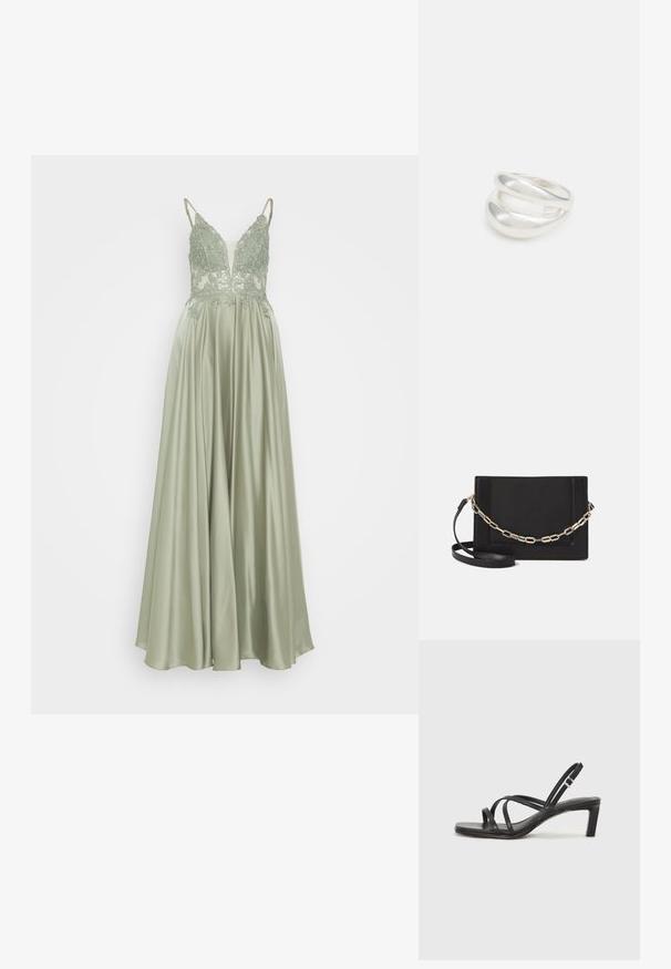 Mascara Occasion wear - khaki; Black strappy sandal with a square toe and a low block heel. Features multiple thin straps and an adjustable ankle strap. Made of smooth leather.; Black leather crossbody bag featuring a smooth texture, rectangular shape, and a metallic chain detail on the front. Adjustable strap included.; Silver double-band ring with a smooth, polished surface. Features a fluid, curved design with overlapping sections for a modern look.