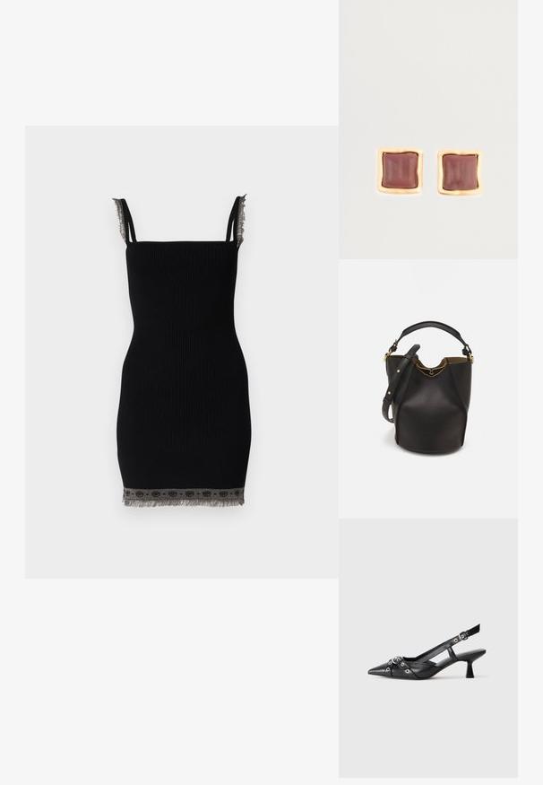 Černé žebrované šaty s tenkými ramínky a dekorativním třásňovým lemem s metalickým akcentem. Design je přiléhavý a střední délky.; Černé kožené slingback boty s špičatou špičkou, dekorativními pásky s kovovými očky a nízkým blokovým podpatkem. Texturovaný povrch.; Černá kožená kabelka ve tvaru vědra s texturovaným povrchem, zlatými kovovými akcenty a otevřeným vrchem. Obsahuje krátkou rukojeť a nastavitelný ramenní popruh.; Čtvercové náušnice s hlubokým burgundským středem a texturovaným zlatým rámem. Hladký povrch s zaoblenými hranami.