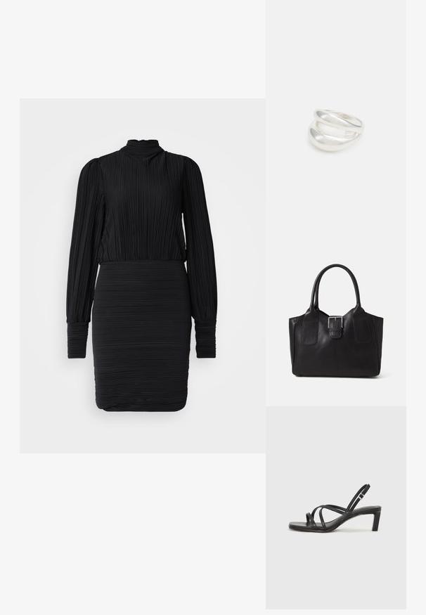 Mustriline must särgiga kleit, millel on kõrge kaelus, pikad varrukad ja keha lähedane siluett. Tekstuur on õrnalt sooneline, et luua struktureeritud välimus.; Mustast rihmajalatsid ruudukujulise varba ja madala ploki kontsaga. Omab mitmeid õhukesi rihmasid ja reguleeritavat pahkluu rihma. Valmistatud siledast nahast.; Mustgamma nahast kott, millel on sile tekstuur, struktureeritud kuju, kaks käepidet ja esiküljel silmapaistev hõbedane pandla detail.; Hõbedane kahekordne rõngas sujuva, poleeritud pinnaga. Omab voolavat, kõverat disaini, millel on kattuvad sektsioonid, et saavutada kaasaegne ilme.