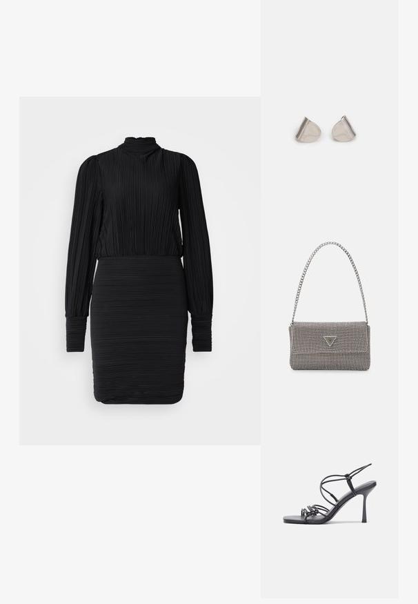 Rochie neagră plisată, cu guler înalt, mâneci lungi și siluetă ajustată. Textura este ușor ridată pentru un aspect structurat.; Sandale negre cu toc înalt au curele subțiri cu un design legat, un vârf pătrat neted și un toc stiletto elegant.; Geantă metalică gri deschis, cu un strap din lanț, decorată cu mici ținte circulare metalice și un logo de marcă triangular.; Cercei din metal argintiu cu o formă netedă, în formă de lacrimă și un finisaj lucios. Gravuri subtile adaugă detalii. Design minimalist.