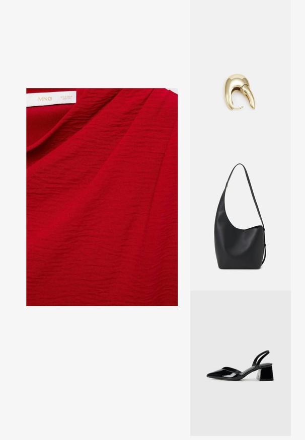 Rdeča teksturirana tkanina z diskretnimi valovitostmi, označena z "MNG", ki prikazuje gladko obdelavo in vibrantno barvo. Idealna za oblikovanje oblačil.; Črne lakirane slingback pete s koničastim nosom in geometrijsko blokasto peto. Imajo eleganten, minimalističen dizajn in gladko teksturo.; Črna usnjena hobo torba z gladko teksturo, ukrivljeno obliko in eno nastavljivo naramnico; ima širok odprtina na vrhu.; Uhane nakit iz zlatastega tona z gladko, ukrivljeno zasnovo. Ima edinstveno koničasto obliko, polirano površino in zaponko s tečajem.