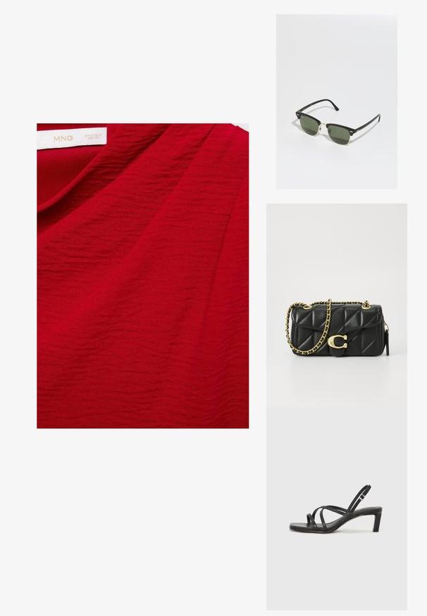 Červená texturovaná látka s jemnými vlnkami, označená "MNG", která se vyznačuje hladkým povrchem a živou barvou. Ideální pro návrh oděvů.; Černé sandály na tenkém podpatku se čtveratou špičkou a nízkým blokovým podpatkem. Mají několik tenkých popruhů a nastavitelné zapínání okolo kotníku. Vyrobeny z hladké kůže.; Černé a zlaté sluneční brýle se zelenými skly, mají tvar kočičích očí, kovové detaily a strukturovaný rám.; Černá prošívaná kožená kabelka se zlatým řetízkem a otočnou sponou s kruhovým akcentem. Kompaktní obdélníkový tvar.
