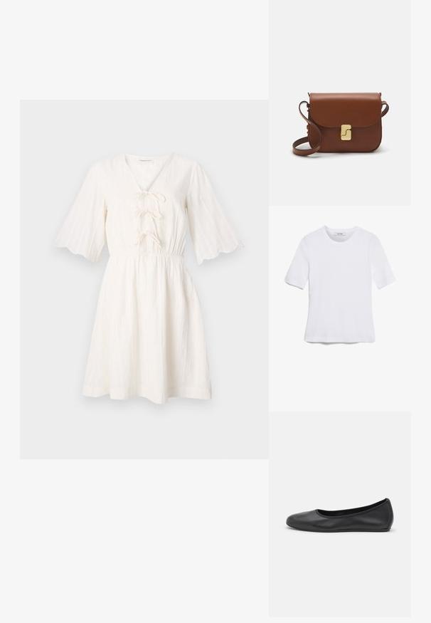 Balta kleita ar V veida kakla izgriezumu un aukliņu priekšpusi, ar īsām, izplestām piedurknēm un savilktu jostasvietu, izgatavota no teksturēta auduma.; Balta īsām piedurknēm T-krekls, izgatavots no ribota auduma. Apaļš izgriezums, regulāra piegriezuma un diskrēti šuvumu detaļas. Bez printiem vai grafikām.; Melna ādas baleta kurpe ar noapaļotu purngalu, gludu tekstūru, minimālu šuvju detalizāciju un elastīgu zoles dizainu.; Bordo ādas rokas soma ar atloku, zeltītām detaļām, plecu siksnu un gludu virsmu. Kompakta, taisnstūrveida forma.