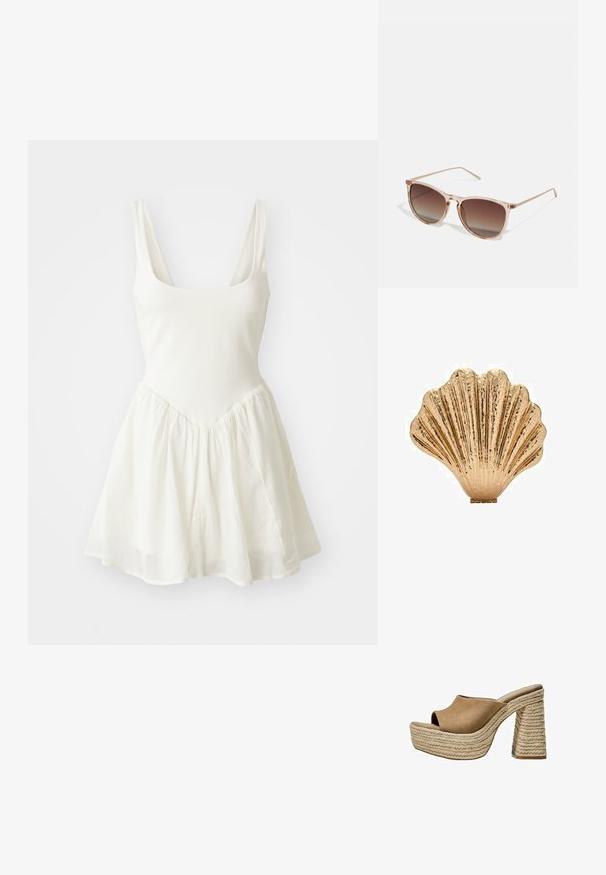 Bela brezrokavna obleka s prilegajočim korzetom in širokim, lahkim krilom. Gladek material z mehko teksturo in preprosto zasnovo.; Rjave zamšaste platforme mule z odprtim prstom, ki imajo masiven pleteni juten peto in gladko, zaobljeno zgornjo zasnovo.; Rjavi gradient sončna očala s prozornim roza okvirjem, kvadratne oblike in tankimi kovinskimi ročaji. Imajo zaobljene robove in minimalne detajle.; Zlato obarvana dekorativna umetnost v obliki školjke z teksturirano površino in rebrastim dizajnom, ki ima raven podstavek za stabilnost.