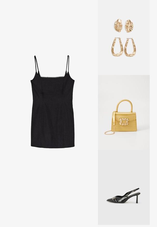 Čierne priliehavé šaty s nastaviteľnými ramienkami a jemným čipkovaným lemom okolo výstrihu. Hladká textúra a strih presne na telo.; Čierne lakované kožené slingback topánky s špicatou špičkou, remienkami okolo členku s striebornými prackami a hardvérom, a štíhlým podpätkom.; Žltá falošná krokodília kabelka so štruktúrovaným dizajnom, horným držadlom, odnímateľným reťazovým popruhom a dekoratívnym kryštálovým ozdobením na zapínaní.; Náušnice v zlatej farbe s textúrovanými, vlnitými tvarmi. Obsahujú sochárske klipsové náušnice a otvorený tvar krúžku s kladivkovým povrchom.