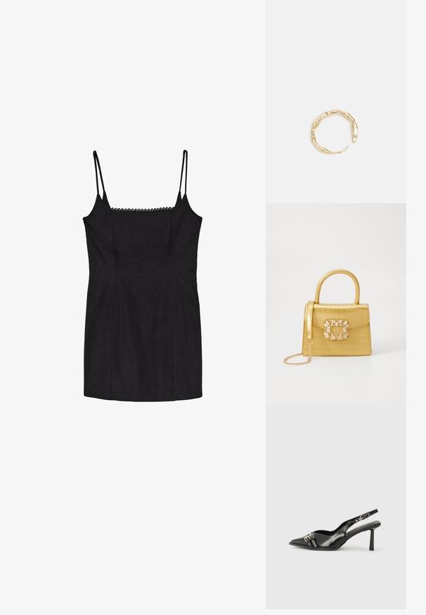 Črna oprijeta obleka z nastavljivimi naramnicami in nežnim čipkastim robom ob izrezu. Gladka tekstura in prilagojen dizajn.; Črne patentne usnjene sandale s koničastim nosom, zankami okoli gležnja s srebrnimi sponkami in opremo ter vitkimi petami.; Rumeno usnjeno-usnje z vzorcem krokodila, s strukturiranim dizajnom, zgornjo ročajem, snemljivo verižico in dekorativnim kristalnim okrasjem na zaponki.; Zlati prstan s organskim, zvitim dizajnom, gladko površino in taperiranimi konci, ki ustvarja modernega, skulpturalnega videza.