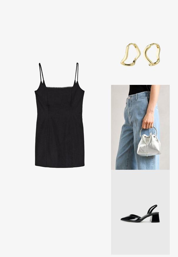 Čierne priliehavé šaty s nastaviteľnými ramienkami a jemným čipkovaným lemom okolo výstrihu. Hladká textúra a strih presne na telo.; Čierne lakované kožené sandálové podpätky s špicatou špičkou a geometrickým blokovým podpätkom. Disponujú elegantným, minimalistickým dizajnom a hladkým povrchom.; Metalická strieborná kabelka s textúrovaným povrchom, zdobená striebornou okrúhlou rukoväťou a uzáverom na šnúrku, držiaca sa pred svetlo modrými džínsami.; Zlaté kruhové náušnice s plynulým, vlnitým dizajnom. Hladký povrch, otvorený tvar a žiadne viditeľné uzávery. Minimalistický a moderný vzhľad.