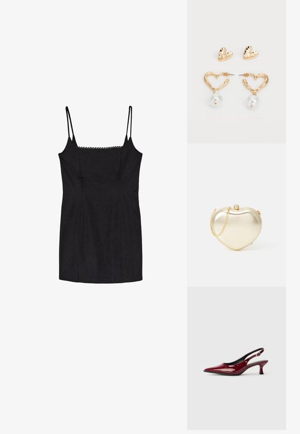 Črna oprijeta obleka z nastavljivimi naramnicami in nežnim čipkastim robom ob izrezu. Gladka tekstura in prilagojen dizajn.; Burgundske paten kože slingback pete s oštrim nosom i elegantnom stiletto petom. Dizajn s otvorenom stražnjom stranom s podesivim detaljem na remenu oko gležnja.; Zlato metalno torbico v obliki srca z verižnim ročajem in detajlom v bisernem zapiranju. Gladka tekstura, kompakten dizajn za majhne potrebščine.; Zlato obarvane uhane v obliki srca z teksturirano površino, ki vsebujejo viseči akcent bisera. Zajema tudi uhančke v obliki srca.