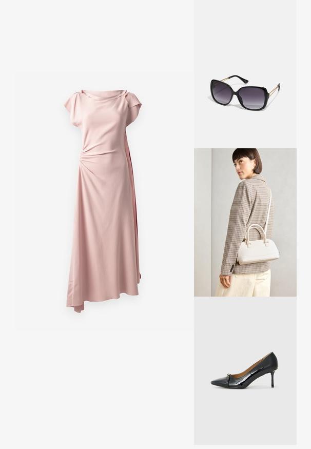 Roza maksi obleka zlasti s kratkimi rokavi, nagubanimi stranskimi detajli in tekočo silhueto iz gladkega materiala z rahlim sijajem.; Črne lakirane visoke pete z ostrim nosom, dekorativnim trakastim detajlom spredaj in tankim stiletto peto.; Črne prevelike sončne očala z degradacijskimi lečami, debelimi okvirji in zlatimi verižicami na ročajih.; Bela strukturirana torba z kratkimi ročaji in naramnim trakom, z zlatimi okrasnimi elementi in teksturiranim materialom, prikazana na sivi podlagi.
