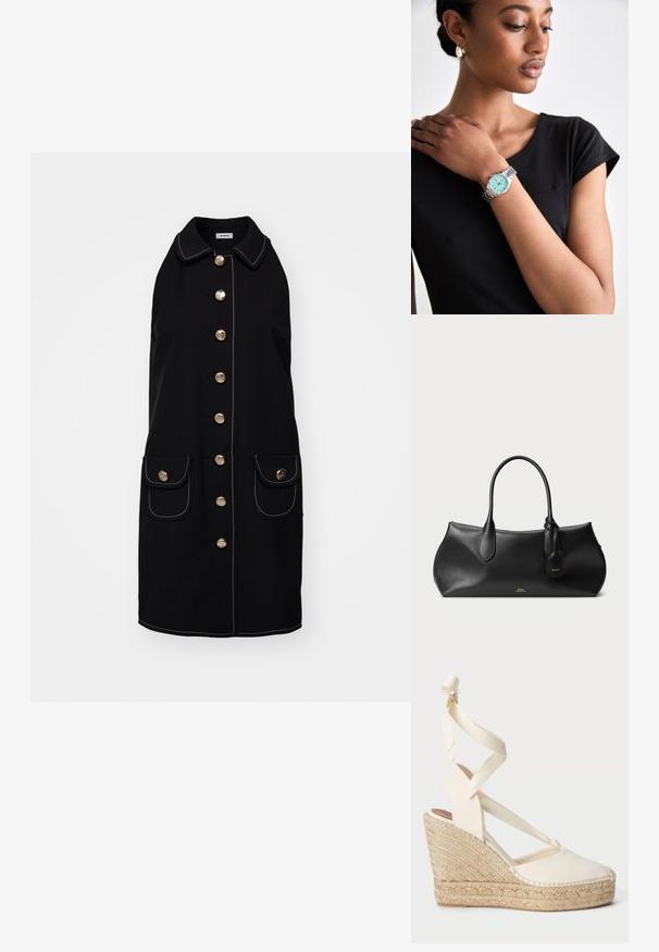 Must mustriga ilma varrukatega mantel, millel on krae, kuldsete nööpidega ees, kaks eesmist taskut ja valged õmbluse aktsendid.; Beige espadrille kõrge kontsaga sandaal ristkülikukujuliste kangastrapide ja punutud juta tallaga, millel on ümardatud varvas ja tekstureeritud pind.; Mustmust valmistatud nahk käekott, millel on sile tekstuur, ümar kuju, kaks käepide ja väikese sildiga küljes. Ees on diskreetne kuldne brändi logo.; Hõbedane käekell piparmündiroheline kelladiial ja hõbedane käevõru, kantud käel. Kandjal on seljas must keha lähedalt istuv särk.