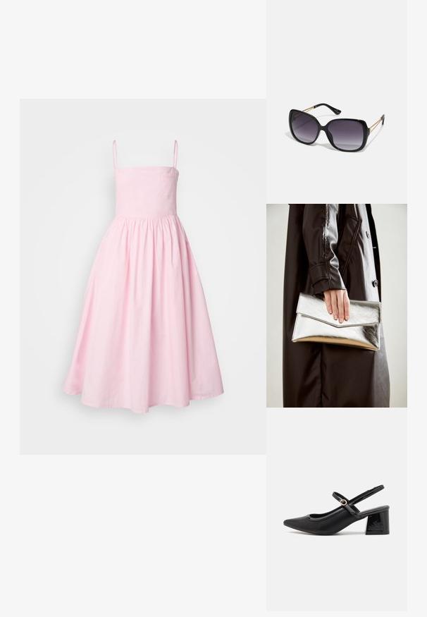 Roosa A-line kleit, millel on õhukesed rihmad, sobiv kehakauss ja rikka kangaosa. Valmistatud siledast kangast, millel on peen tekstuur ja küljetasku.; Mustad läikivad nahast slingback-kõrged kontsad, millel on terav nina, ümar lõikekujundus ja blokknina. Omab kuldset nupu aktsenti.; Mustad ümarad päikeseglaasid, millel on gradient objektiivid, paksud raamid ja kuldse tooni kettaga kaunistused tempelitel.; Hõbedane metallist kott, millel on nurkne ümbriku disain, sile tekstuur ja kontrastne sisekuju, hoituna musta jope käes.