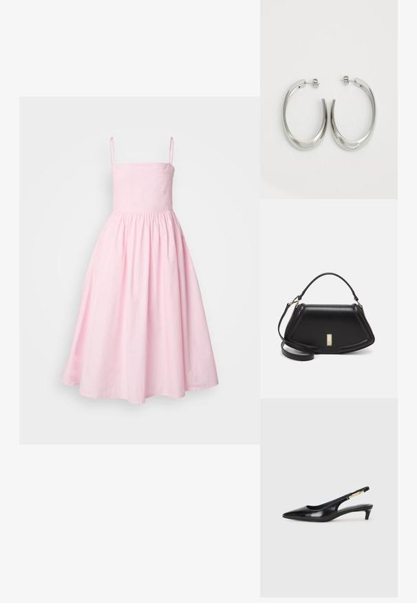 Rosa A-linjeformet kjole med tynne stropper, tettsittende liv og samlet skjørt. Laget av glatt stoff som har en subtil tekstur og en sidelomme.; Sorte lærreim hæler med spiss tå, som har en slank hæl og en gullfarget detalj på den justerbare stroppen. Glatt tekstur.; Sort lærveske med en strukturert design, som har en avkortet form, topphåndtak og detaljer i gull. Justerbar skulderstropp inkludert.; Sølvøreringer med en jevn, buet design. Har en blank metallisk finish og en studlås. Ingen synlige mønstre eller aksenter.