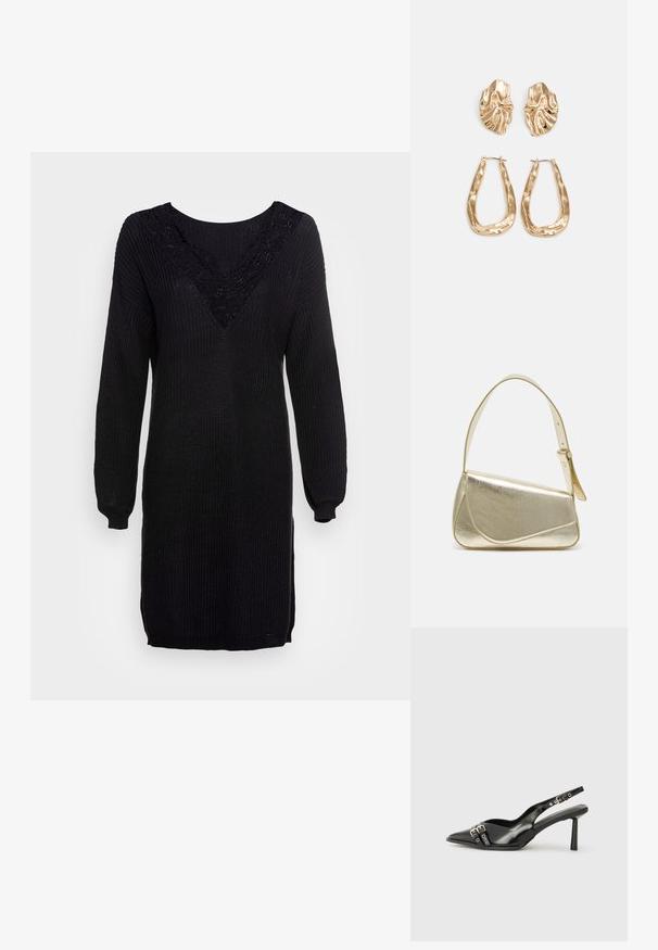Robe pull noire en tricot avec des manches longues, décolleté en V et des dentelles sur le col. Texture côtelée avec des fentes sur les côtés à l'ourlet.; Chaussure slingback en cuir verni noir avec un embout pointu, des brides de cheville avec des boucles en argent et des éléments en métal, et un talon fin.; Sac à main en métal doré avec un design structuré, texture lisse et bandoulière ajustable. Présente une forme triangulaire unique et des coutures minimalistes.; Boucles d'oreilles dorées présentant des formes texturées et ondulées. Comprend des clips sculpturaux et un design de créoles ouvertes avec une finition martelée.
