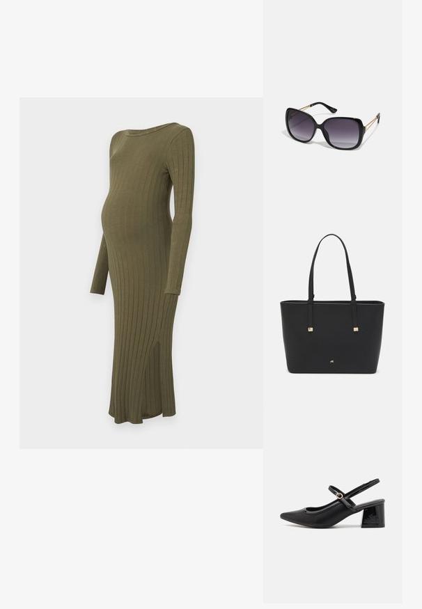 Langermet, ribbet graviditetkjole i olivengrønn, med rund hals, sideslitt og mykt stoff for komfort og fleksibilitet.; Sorte lakk lær slingback hæler med spiss tå, et avrundet utskjæringsdesign og blokkheel. Har en gulltone spenne som detalj.; Sorte oversized solbriller med gradient linser, tykke rammer og detaljering med gulltonekjede på tempelarmene.; Svart totebag laget av syntetisk materiale, med et enkelt rektangulært design, gullfargede firkantede detaljer og doble håndtak.