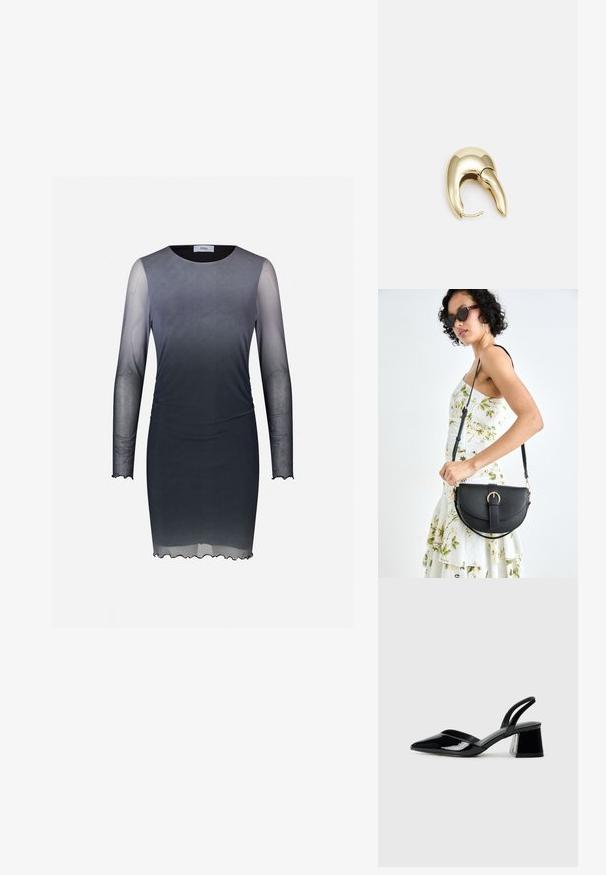 Térd hosszúságú ruha hosszú, áttetsző ujjal. Átmenetes dizájn sötétszürkéből világosszürkébe. Puha anyag, kerek nyak, enyhén fodros szegély.; Fekete lakk bőr szandálkés magas sarkú cipő, hegyes orral és geometrikus tömbsarkakkal. Karcsú, minimalista dizájn és sima textúra jellemzi.; Fekete bőrtáska ívelt formával, levehető pánttal és arany színű fémrészekkel. A táskán egy csattal díszített fedél található.; Aranyszínű fém fülbevaló, elegáns, ívelt formával. Különleges hegyes alak, fényes felszín és zsanéros záródás jellemzi.