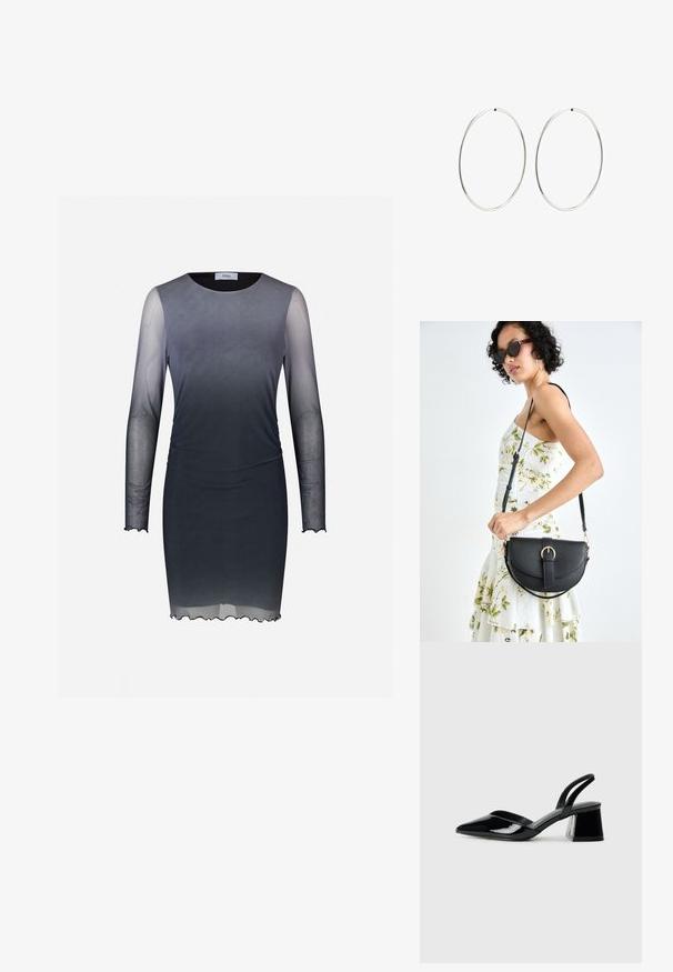 Šaty po kolená s dlhými, priesvitnými rukávmi. Prechodový dizajn z tmavej šedej do svetlej šedej. Jemná tkanina, okrúhly výstrih, jemne volánový lem.; Čierne lakované kožené sandálové podpätky s špicatou špičkou a geometrickým blokovým podpätkom. Disponujú elegantným, minimalistickým dizajnom a hladkým povrchom.; Čierna kožená kabelka s zaobleným tvarom, odnímateľným popruhom a zlatými doplnkami. Kabelka má klopu s detailom s prackou.; Strieborné kruhové náušnice s hladkým, okrúhlym dizajnom a lesklým povrchom. Sú tenké a ľahké, s jednoduchým uzáverom.