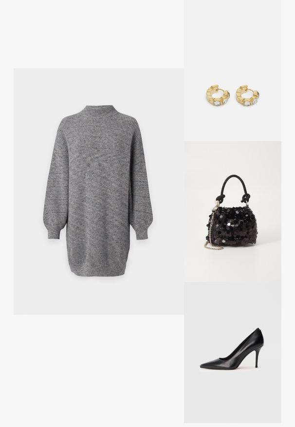 Grauer ribbed Stricksweater mit hohem Kragen, langen puffärmeligen Ärmeln und lockerer Passform, der zarte Texturen und verschiedene Fadenfarben aufweist.; Schwarzer, hochhackiger Lederpumps mit spitzer Schuhspitze, glatter Textur und elegantem Design. Verfügt über einen schlanken, erhöhten Absatz und eine tief ausgeschnittene Vorderseite.; Schwarze Pailletten-Mini-Handtasche mit einem geknoteten, strukturierten Tragegurt und einer silbernen Kette. Abgerundete Form mit gerafftem oberen Teil und reflektierenden Details.; Goldene Creolen mit einem strukturierten Design und drei klaren Kristallakzenten auf einer Seite, die eine moderne geometrische Ästhetik bieten.
