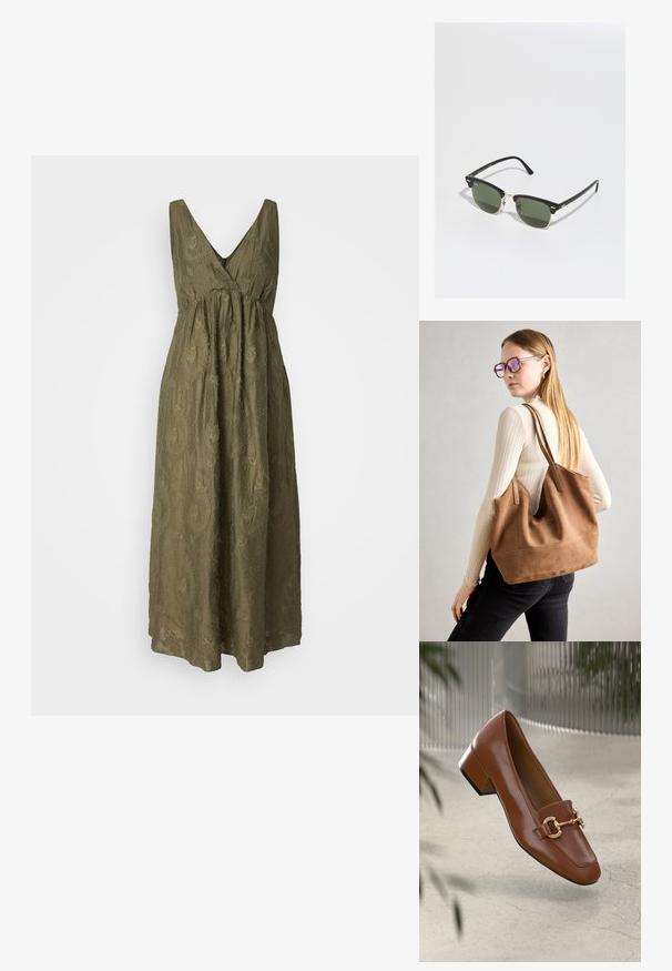 Olivgrünes, ärmelloses Maxikleid mit V-Ausschnitt, geraffter Taille und strukturiertem Paisleymuster. Fließender Stoff, leichtes Design.; Braune Lackleder-Loafer mit quadratischer Zehenpartie, metallischem Kettenakzent und niedrigem Blockabsatz; glatte Textur, minimalistisches Design.; Schwarz-goldene Sonnenbrille mit grünen Gläsern, katzenaugenförmig, mit metallischen Akzenten und einem strukturierten Rahmen.; Braune Wildleder-Tasche mit weicher Textur, großer Öffnung und langen Trägern. Sie verfügt über ein simples Design mit sichtbarem Stich und ohne Beschläge.