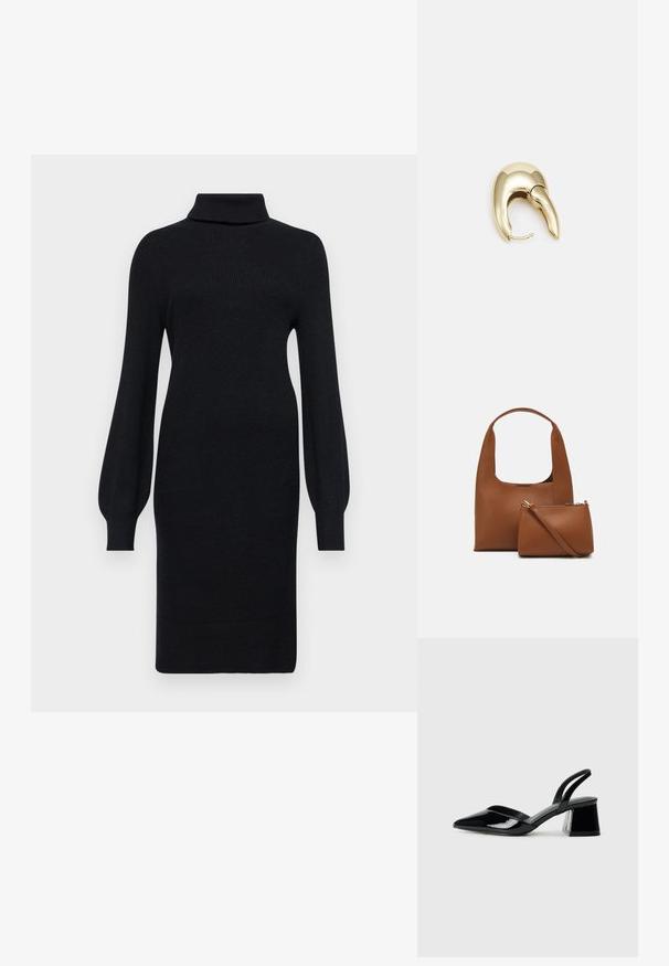 Vestido preto de malha com colarinho alto e mangas longas, ligeiramente borbulhantes, com silhueta ajustada e textura canelada.; Sandy em verniz preto com salto slingback, ponta afilada e salto geométrico. Apresenta um design elegante e minimalista com textura suave.; Even&Odd SET - Mala de mão - brown; Brinco em metal dourado com um design elegante e curvo. Apresenta uma forma pontiaguda distinta, superfície polida e fecho por dobradiça.