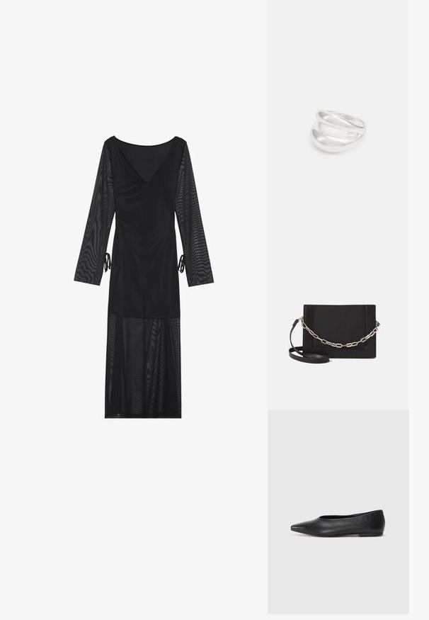 Juoda suknelė su V formos iškirpte, permatomomis ilgomis rankovėmis, susiraukšlėtomis detalėmis Juosmens srityje ir laisvai krentanti tinklinė apačia. Visame paviršiuje lygi tekstūra.; Juodas odinis baleto batas, su smailiu pirštu, minimalistinio dizaino, lygiu paviršiumi, žemo profilio kulnu, be matomos aparatūros ar papuošimų.; Juodas odinis per petį nešiojamas krepšys turi lygų paviršių, stačiakampio formą ir metalinę grandinėlę priekyje. Pridedama reguliuojama dirželis.; Sidabrinis dvigubas žiedas su lygiu, poliruotu paviršiumi. Pasižymi sklandžiu, kreiptu dizainu su persipinančiomis dalimis, suteikiančiomis modernų išvaizdą.