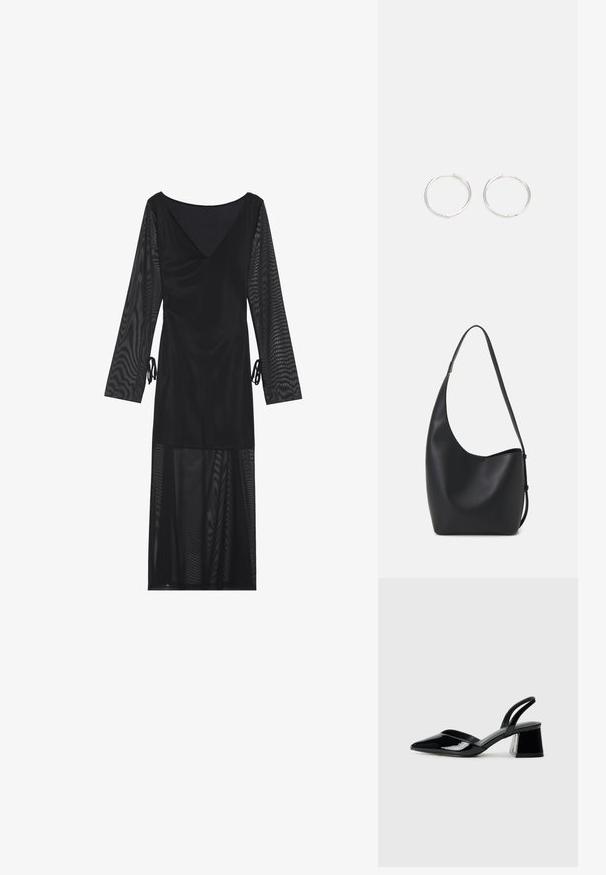 Fekete ruha V-nyakkivágással, áttetsző hosszú ujjal, ráncos részletekkel a deréknál és egy légies hálós aljjal. Az anyag sima tapintású.; Fekete lakk bőr szandálkés magas sarkú cipő, hegyes orral és geometrikus tömbsarkakkal. Karcsú, minimalista dizájn és sima textúra jellemzi.; Fekete bőr hobo táska sima textúrával, ívelt formával és egyetlen állítható pánttal; széles nyílás található a tetején.; Ezüst karika fülbevalók, letisztult, kerek formával, sima felülettel és látható díszítés nélkül. A átmérő nem megadott.