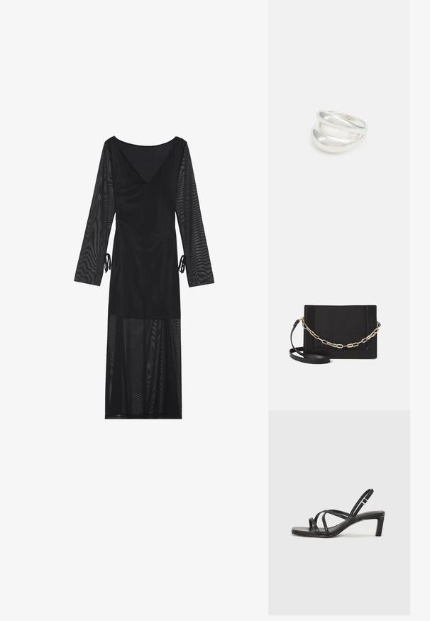 Juoda suknelė su V formos iškirpte, permatomomis ilgomis rankovėmis, susiraukšlėtomis detalėmis Juosmens srityje ir laisvai krentanti tinklinė apačia. Visame paviršiuje lygi tekstūra.; Juodi šlepetės su kvadratiniu pirštu ir žemu bloku kulnu. Yra keli ploni dirželiai ir reguliuojamas kulkšnies diržas. Pagaminti iš lygios odos.; Juodas odinis per petį nešiojamas krepšys turi lygų paviršių, stačiakampio formą ir metalinę grandinėlę priekyje. Pridedama reguliuojama dirželis.; Sidabrinis dvigubas žiedas su lygiu, poliruotu paviršiumi. Pasižymi sklandžiu, kreiptu dizainu su persipinančiomis dalimis, suteikiančiomis modernų išvaizdą.