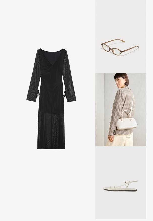 Schwarzes Kleid mit V-Ausschnitt, transparenten langen Ärmeln, gerafften Akzenten an der Taille und einem fließenden Netzunterteil. Glatte Textur im gesamten Kleid.; Beige flache Sandale mit mehreren schlanken Riemen und einer verstellbaren Schnalle. Die Sohle ist flach und hat einen leichten dunklen Kontrast am Rand.; Braune Schildpatt-Brille mit ovalen Gläsern, dünnen Bügeln und transparenten Akzenten. Verfügt über ein dezentes Logo am Bügel. Elegantes, leichtes Design.; Weiße strukturierte Handtasche mit kurzen Griffen und einem Schultergurt, ausgestattet mit goldfarbenen Hardware-Elementen und strukturiertem Material, vor einem grauen Hintergrund präsentiert.