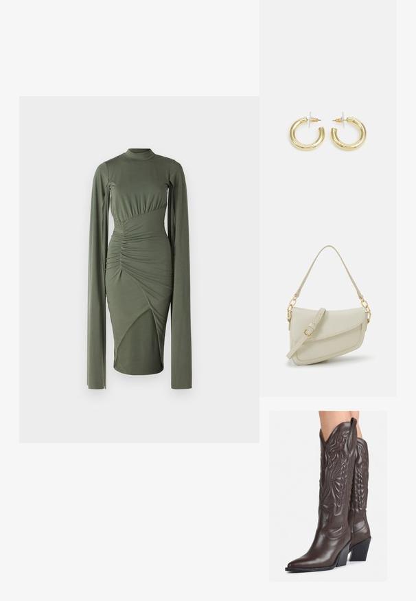 Dlhý rukáv olivovo zelených šiat s vysokým výstrihom, nariasenými bočnými švami a asymetrickými panelmi, ktoré vytvárajú priliehavú siluetu. Hladká textúra látky.; Hnedé kožené kovbojské topánky s špicatou špičkou a blokovým podrážkou, so zložitým prešívaním a vyvýšenými akcentmi na puzdre.; Malá krémová kabelka s textúrovaným povrchom, dlhým nastaviteľným popruhom, reťazovým detailom a klopovým uzáverom. Zlaté kovové prvky.; Zlaté kruhové náušnice s hladkým, lesklým povrchom. Cirkulárny dizajn s malým steblom a jasným záznamom pre bezpečné nosenie.