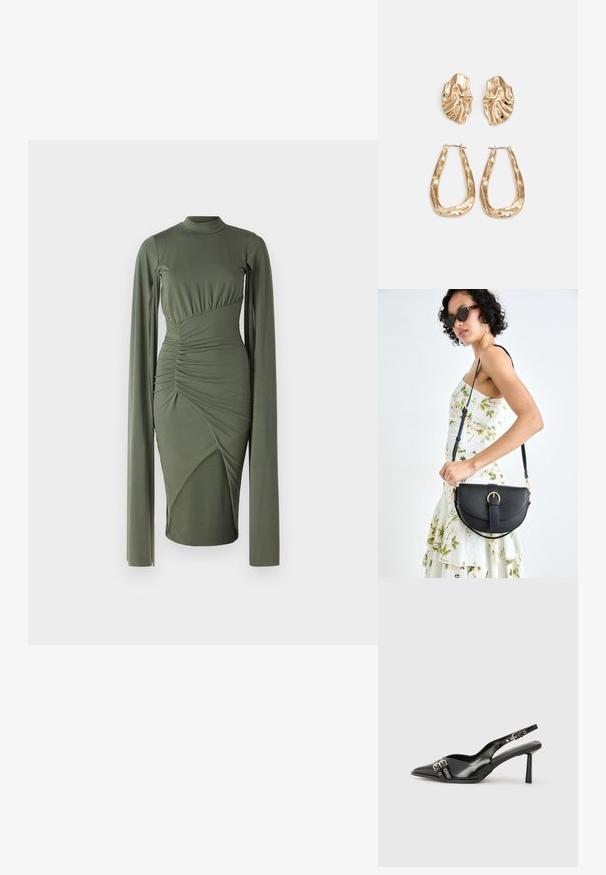Dlhý rukáv olivovo zelených šiat s vysokým výstrihom, nariasenými bočnými švami a asymetrickými panelmi, ktoré vytvárajú priliehavú siluetu. Hladká textúra látky.; Čierne lakované kožené slingback topánky s špicatou špičkou, remienkami okolo členku s striebornými prackami a hardvérom, a štíhlým podpätkom.; Čierna kožená kabelka s zaobleným tvarom, odnímateľným popruhom a zlatými doplnkami. Kabelka má klopu s detailom s prackou.; Náušnice v zlatej farbe s textúrovanými, vlnitými tvarmi. Obsahujú sochárske klipsové náušnice a otvorený tvar krúžku s kladivkovým povrchom.