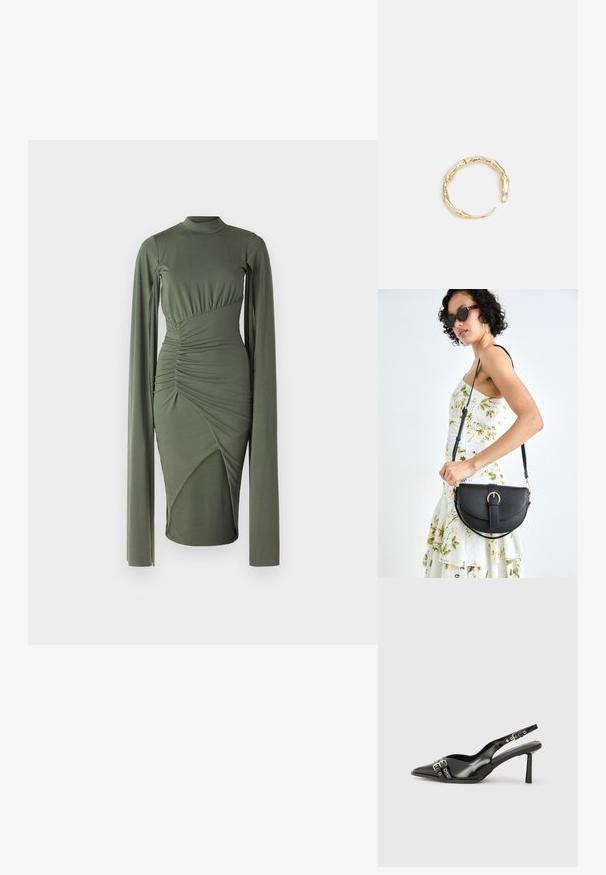 Vestido de manga larga color verde oliva con un escote alto, costuras laterales fruncidas y paneles asimétricos que crean una silueta ajustada. Textura de tela suave.; Zapato de charol negro tipo slingback con punta afilada, correas al tobillo con hebillas y herrajes de plata, y un tacón delgado.; Bolso de piel negra con forma curva, correa desmontable y herrajes dorados. El bolso cuenta con una solapa con un detalle de hebilla.; Anillo en tono dorado con un diseño orgánico y retorcido, con una textura suave y extremos cónicos, creando una apariencia moderna y escultórica.