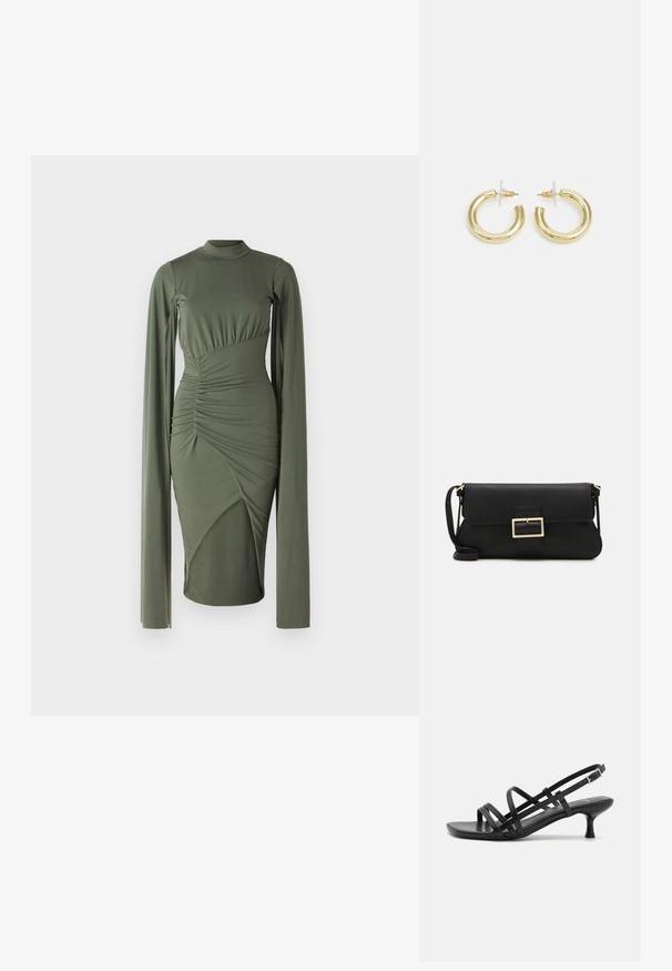 Hosszú ujjú, olíva zöld ruha magas gallérral, redőzött oldalsó varrással és aszimmetrikus panelekből álló, testhez simuló siluettel. Simább szövettextúra.; Fekete magassarkú szandálok több keresztben átkötött pánttal. Simább anyag, hegyes orr és keskeny sarok. Állítható bokapánt kapcsos rögzítéssel.; Fekete bőr kézitáska hajtóka részlettel és aranyszínű fém csattal. Tartalmaz egy fekete pántot és egy letisztult, minimális dizájnt.; Arany fülbevalók sima, fényes felülettel. Kör alakú dizájn, amely kis kapoccsal és átlátszó tartozékkal rendelkezik a biztonságos viselés érdekében.
