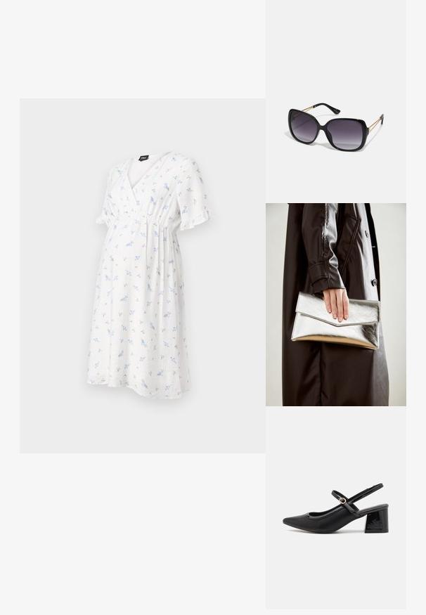 Bijela trudnička haljina s malim plavim cvjetnim uzorcima, kratkim naboranim rukavima i preklopljenim V-izrezom. Prostrani kroj za udobnost.; Crne lakirane slingback visoke potpetice s šiljastim vrhom, zaobljenim izrezom i blok potpeticom. Sadrži akcent zlatnog tona s kopčom.; Crne prevelike sunčane naočale s gradijentnim lećama, debelim okvirom i zlatnim lancem kao detaljem na krakovima.; Srebrna metalik torbica s kutijastim dizajnom, glatke teksture i kontrastne boje unutrašnjosti, držana u ruci koja nosi crni kaput.