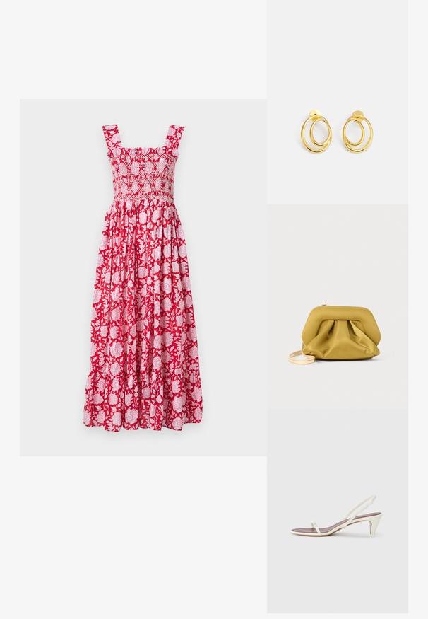 MILLE GARDEN DRESS - Denné šaty - red; Biele sandále na opätku so slabým podpätkom, tenkými pásikmi a hladkým koženým povrchom; obsahujú malú dekoratívnu sponu.; Žltá, mäkká textúra kabelka s pevnou hornou časťou, zbernou základňou a tenkým, odnímateľným popruhom. Zipsové uzatváranie na vrchu.; Náušnice zlatého tónu vo forme kruhu, pozostávajúce z dvoch prepletených okrúhlych tvarov, hladký povrch a uzáver na štud pre bezpečné nosenie.