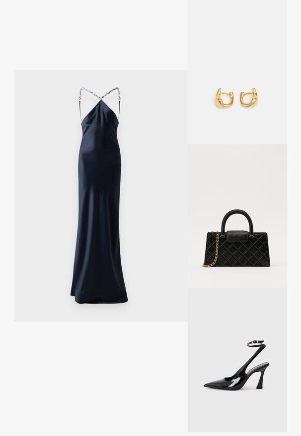 Rochie lungă, ajustată, din satin bleumarin cu bretele subțiri. Prezintă un design de încrucișare la spate cu accent din lanț argintiu. Textură netedă și elegantă.; Sandale cu toc înalt din piele patent neagră, cu vârf ascuțit, curea ajustabilă la gleznă și toc mediu pătrat. Textură netedă cu un finisaj lucios.; Geantă de mână neagră din piele texturată, cu un model în diamant, curea din lanț cu ton auriu și un mânere superior cu o închidere cu clapetă embosată cu logo.; Cercei din aur cu un design neted și rotunjit, având un finisaj lustruit. Cerceii au o formă compactă și chunky și un închizător fără sudură.