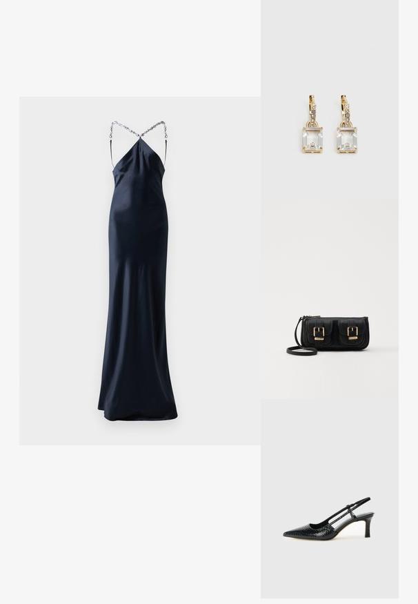 Długa, dopasowana granatowa sukienka satynowa z cienkimi ramiączkami. Posiada krzyżowy wzór na plecach z akcentem w postaci srebrnego łańcuszka. Gładka, elegancka faktura.; Czarne lakierowane czółenka na obcasie typu slingback z wąskim noskiem, z teksturowanym wzorem wężowym, regulowanym paskiem oraz krótkim, teksturowanym obcasem w kształcie słupka.; Czarna skórzana torba na ramię z dwoma przednimi kieszeniami, złotymi klamrami, zamkiem błyskawicznym i cienkim paskiem. Teksturowana powierzchnia i kompaktowy prostokątny kształt.; Złote kolczyki z prostokątnym, przezroczystym kryształem zwisającym poniżej rzędu małych, okrągłych, przezroczystych akcentów. Elegancki, nowoczesny design.