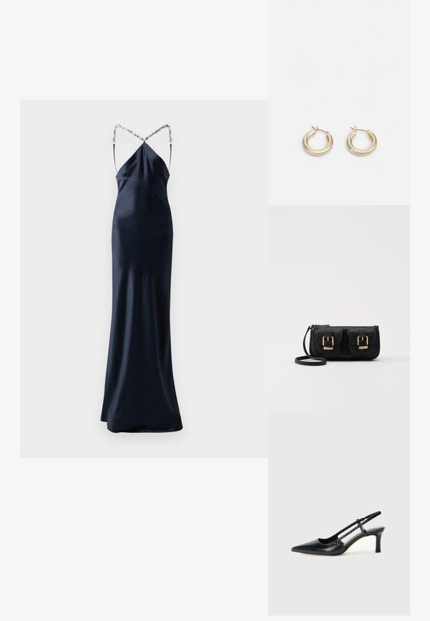 Dlhé, priliehavé, námornícke saténové šaty so špagetovými ramienkami. Obsahujú prekrížený dizajn na zadnej strane so strieborným reťazovým akcentom. Hladká, lesklá textúra.; Čierne patentové slingback topánky na ihlovom podpätku s špicatou špičkou, s textúrovaným hadím vzorom, nastaviteľným popruhom a krátkym, textúrovaným blokovým podpätkom.; Čierna kožená crossbody taška s dvoma prednými vreckami, zlatými sponami, zipsovým uzatváraním a úzkym popruhom. Štruktúrovaný povrch a kompaktný obdĺžnikový tvar.; Lauren Ralph Lauren BASIC SMALL HOOP - Náušnice - gold-coloured