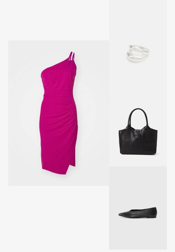 Ein tailliertes eintägiges Kleid in leuchtendem Fuchsia. Hergestellt aus glattem Stoff mit Raffung und einem seitlichen Schlitz. Verfügt über zwei dünne Träger.; Schwarze Leder-Balletschuhe, spitze Zehenform, minimalistische Gestaltung, glatte Textur, niedriger Absatz, keine sichtbaren Beschläge oder Verzierungen.; Schwarze Leder-Tote mit glatter Textur, strukturiertem Design, zwei Griffen und einem auffälligen silbernen Schnallen-Detail auf der Vorderseite.; Silberner Doppelring mit einer glatten, polierten Oberfläche. Verfügt über ein fließendes, kurviges Design mit überlappenden Abschnitten für einen modernen Look.