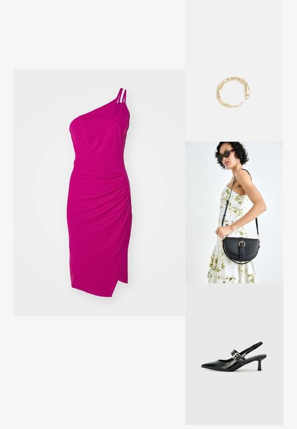 Vienos peties prigludusi suknelė ryškiai fuksijoje. Pagaminta iš lygaus audinio, su susipynimu ir šoniniu iškirpimu. Pasižymi dviem plonomis petnešomis.; Juodai lakuoti slingback aukštakulniai su smailiu kojų pirštu ir mažais blokiniais kulniukais, su sidabro sagtimi ant dirželio.; Juodas odinis krepšys su išlenkta forma, nuimamu dirželiu ir auksiniais detalėmis. Krepšys turi kilpą su sagtimi.; Auksinės spalvos žiedas, turintis organišką, sukimosi dizainą su lygiu paviršiumi ir siaurėjančiais galais, sukuriantis modernią skulptūrinę išvaizdą.
