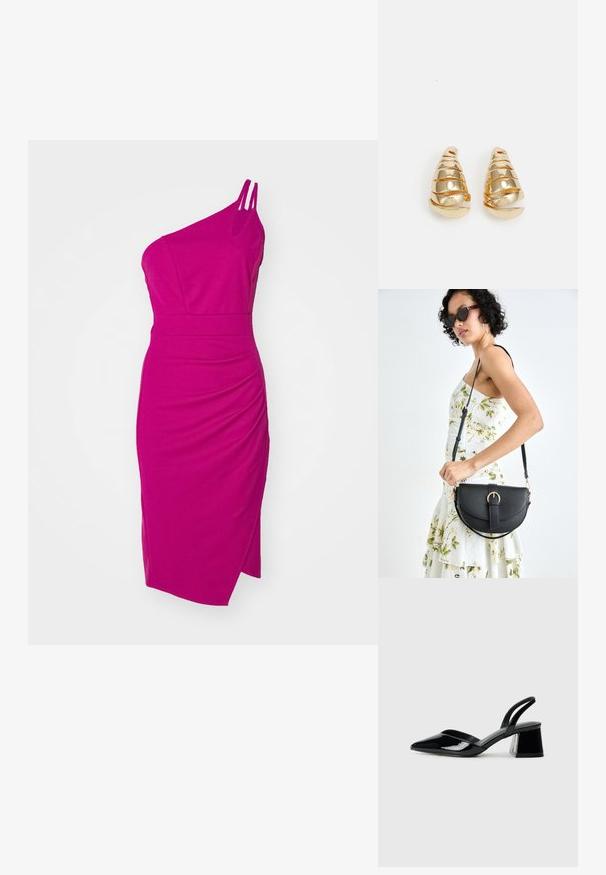 Robe cintrée à une épaule en fuchsia vif. Fabriquée en tissu lisse avec des détails froncés et une fente sur le côté. Dotée de deux fines bretelles.; Escarpins en cuir verni noir avec bout pointu et talon bloc géométrique. Présente un design élégant et minimaliste ainsi qu'une texture lisse.; Sac à main en cuir noir avec une forme courbée, bandoulière amovible et des accessoires en or. Le sac est doté d'un rabat avec un détail de boucle.; Boucles d'oreilles dorées en forme de cônes allongés avec des détails en spirale. Surface lisse et finition réfléchissante, dotée d'accents incurvés.